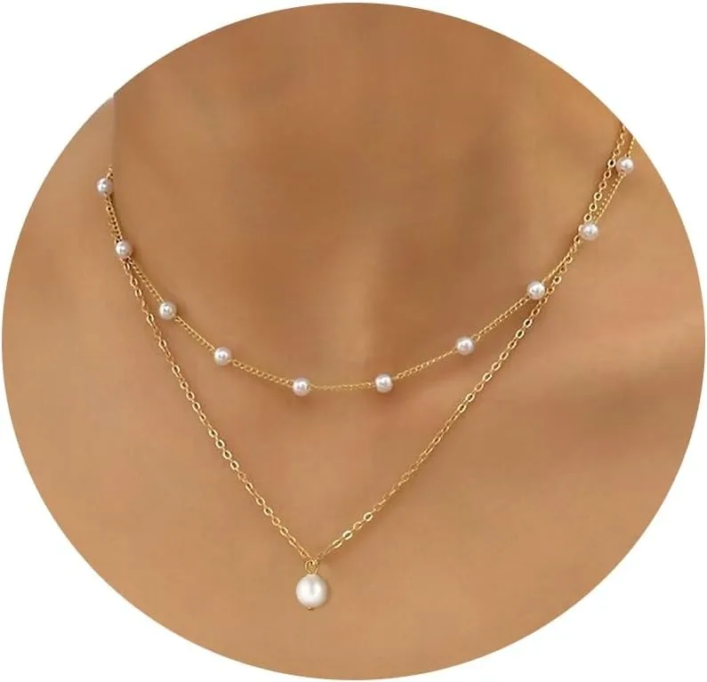 Naszyjnik z perłami złoty warstwowy – pozłacany elegancki choker Złoty