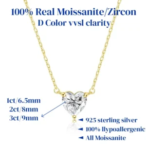 Naszyjnik z sercem moissanite na srebrze 925 Złoty