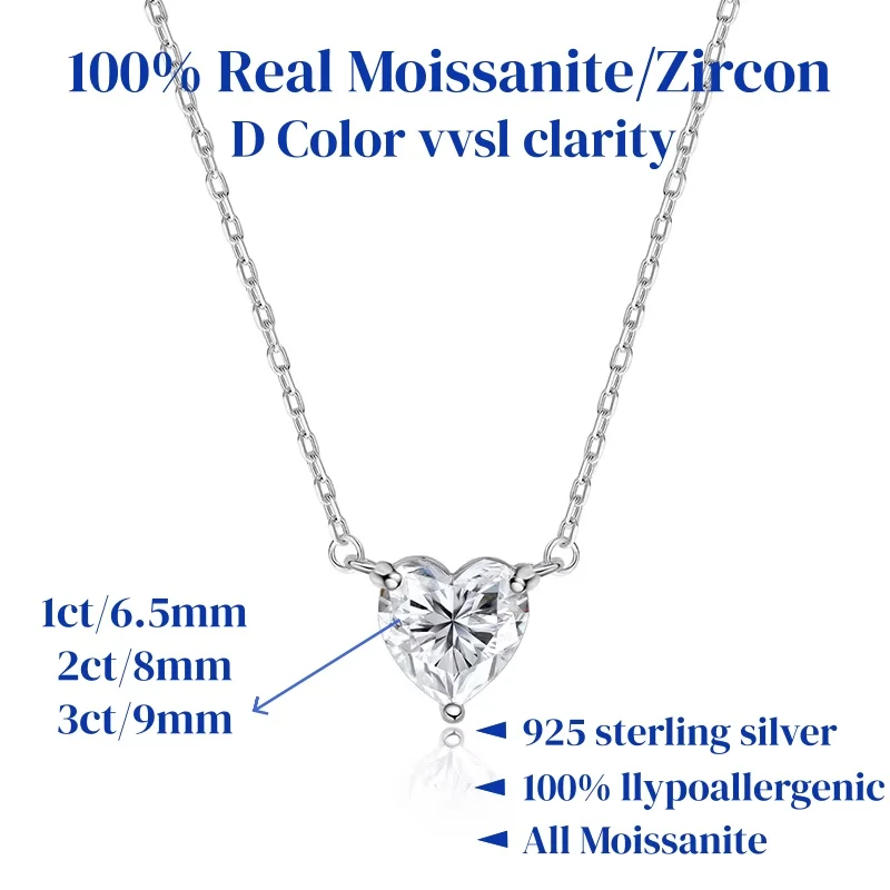 Naszyjnik z sercem moissanite na srebrze 925 Srebrny