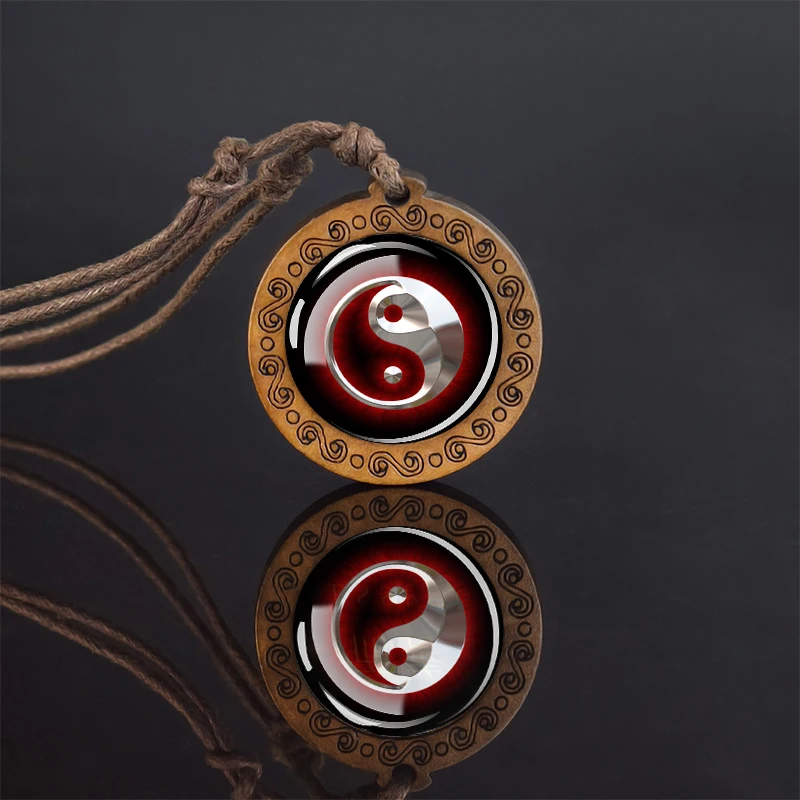 Naszyjnik Yin Yang z drewna i szkła wisiorek retro Fiolet kobaltowy