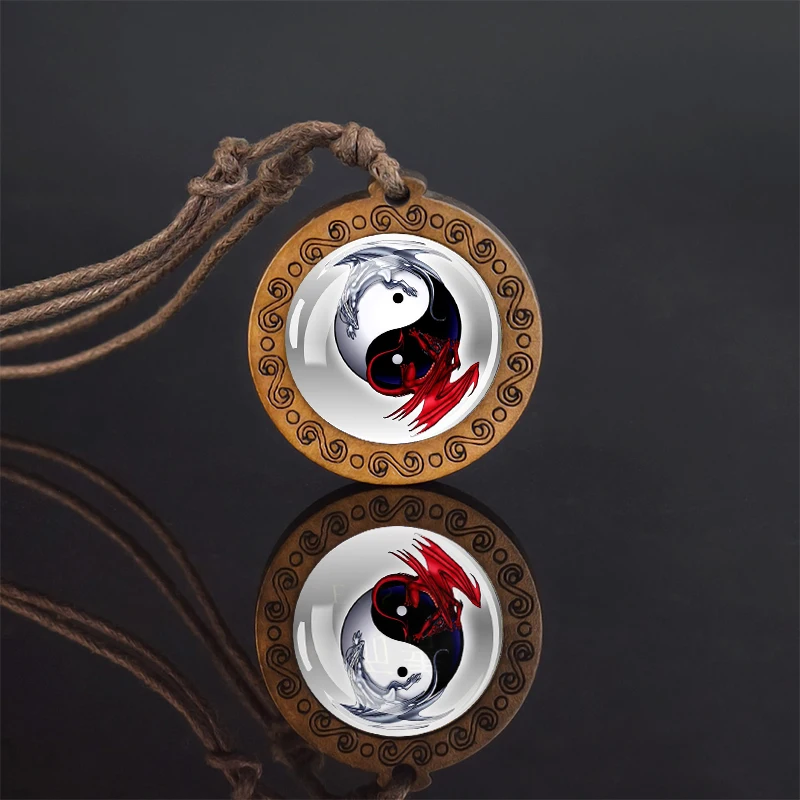 Naszyjnik Yin Yang z drewna i szkła wisiorek retro Niebieski cynk