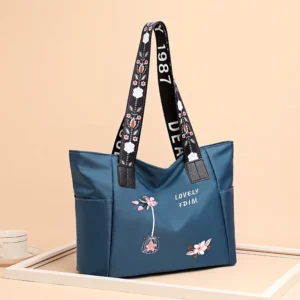 Nylonowa torba shopper damska z haftem, wodoodporna Niebieski