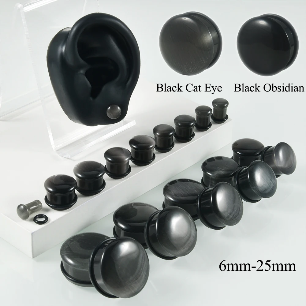 Obsydianowe zatyczki do uszu kocie oko expander gauge 2G-1 cal Srebrny