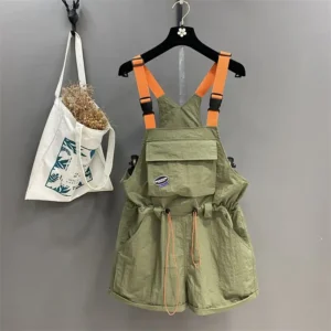 Ogrodniczki szortowe streetwear patchwork ze sznurkiem Zielony