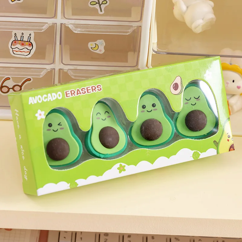 Ołówki kawaii awokado z odpinalnymi gumkami – zestaw 4 sztuk Biały