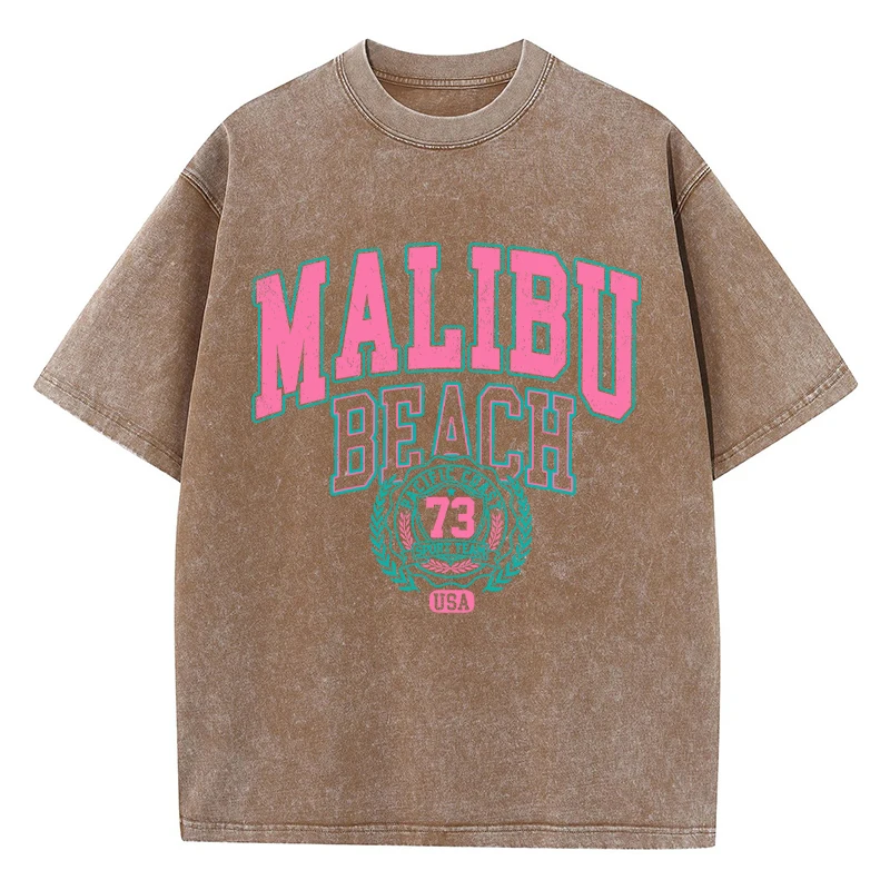 Oversize t-shirt damski z napisem Malibu Beach Khaki