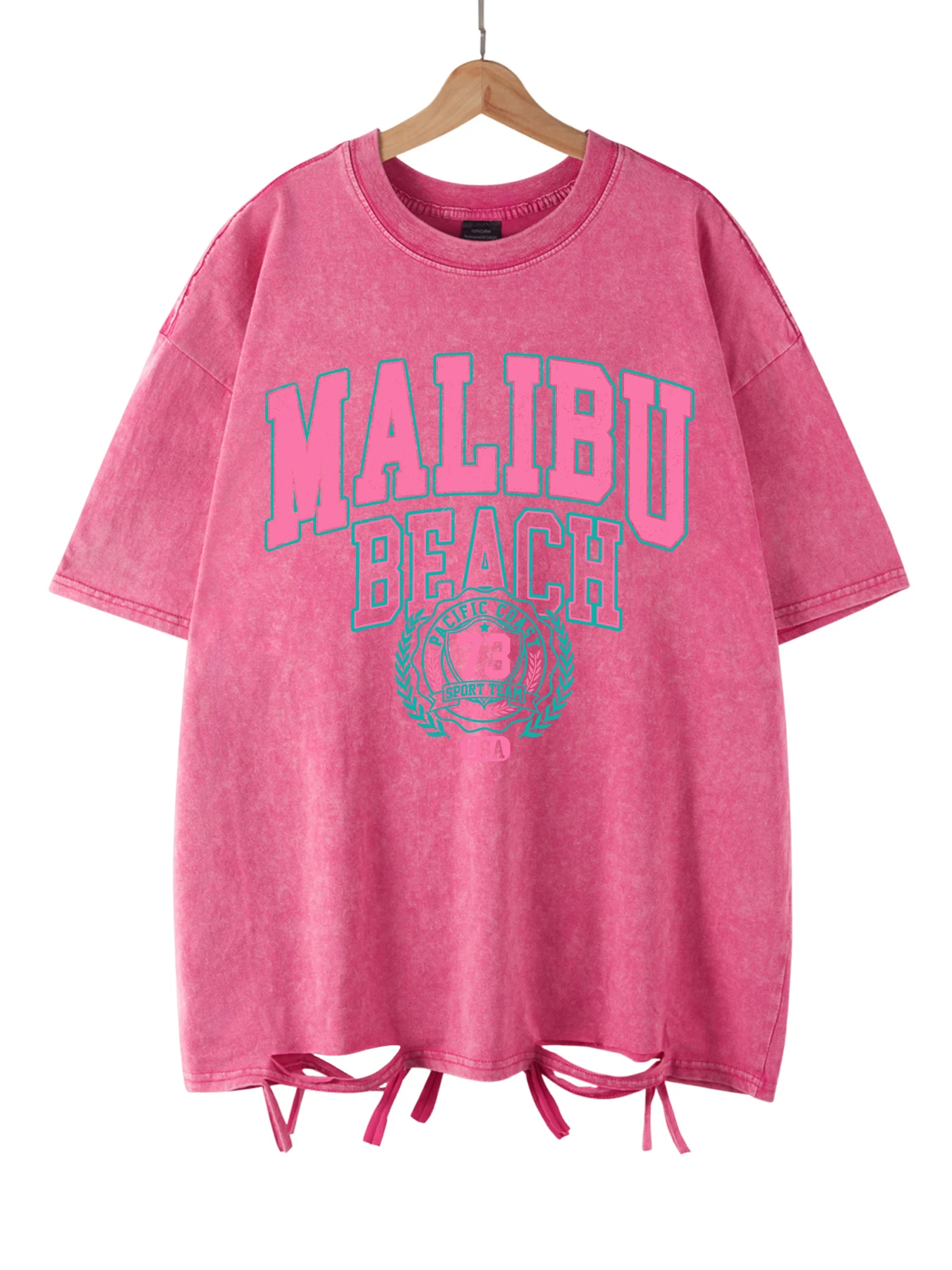 Oversize t-shirt damski z napisem Malibu Beach Cytrynowy żółty