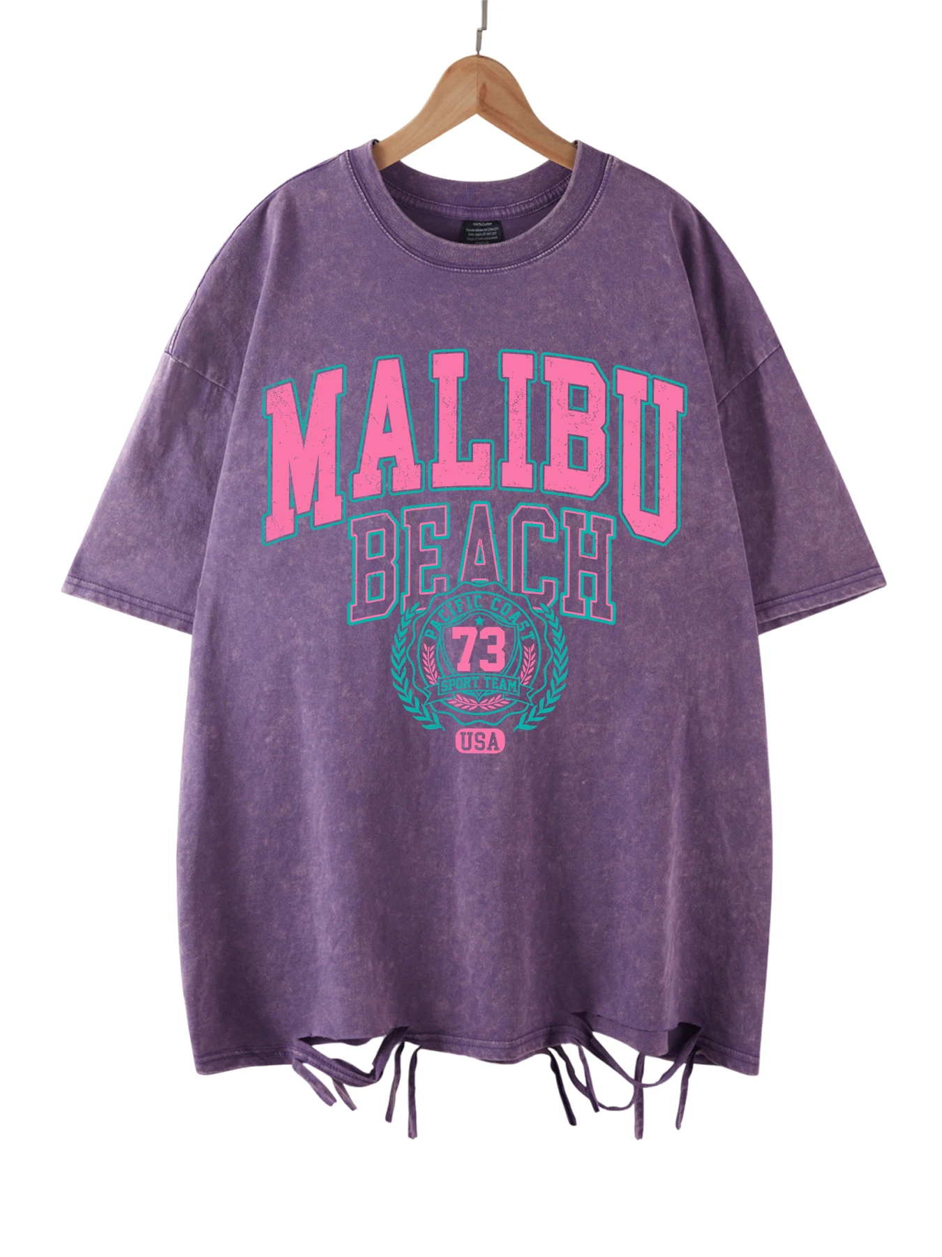 Oversize t-shirt damski z napisem Malibu Beach Fluoresceyna