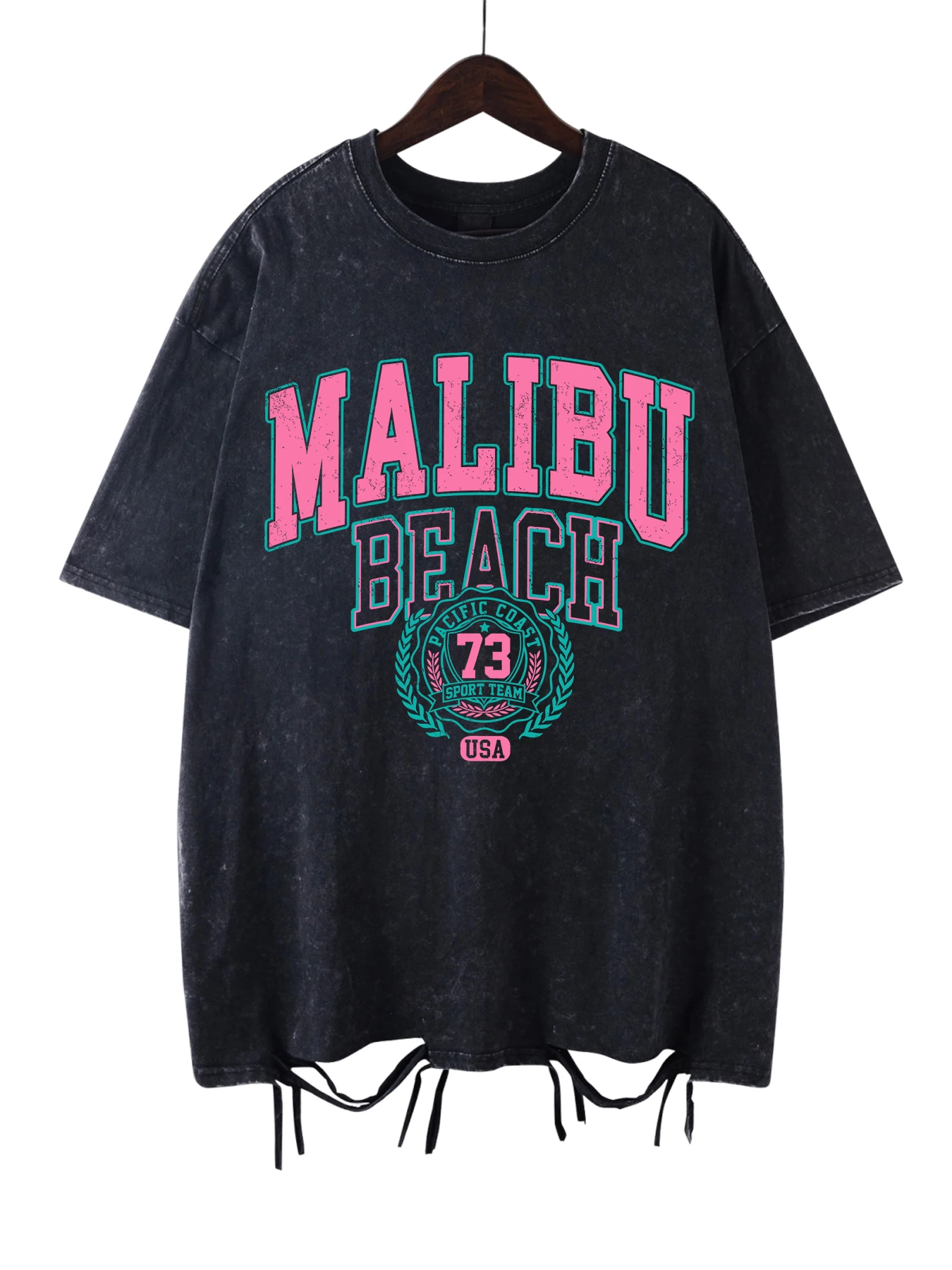 Oversize t-shirt damski z napisem Malibu Beach Jezioro błękitne