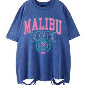 Oversize t-shirt damski z napisem Malibu Beach Mleczny