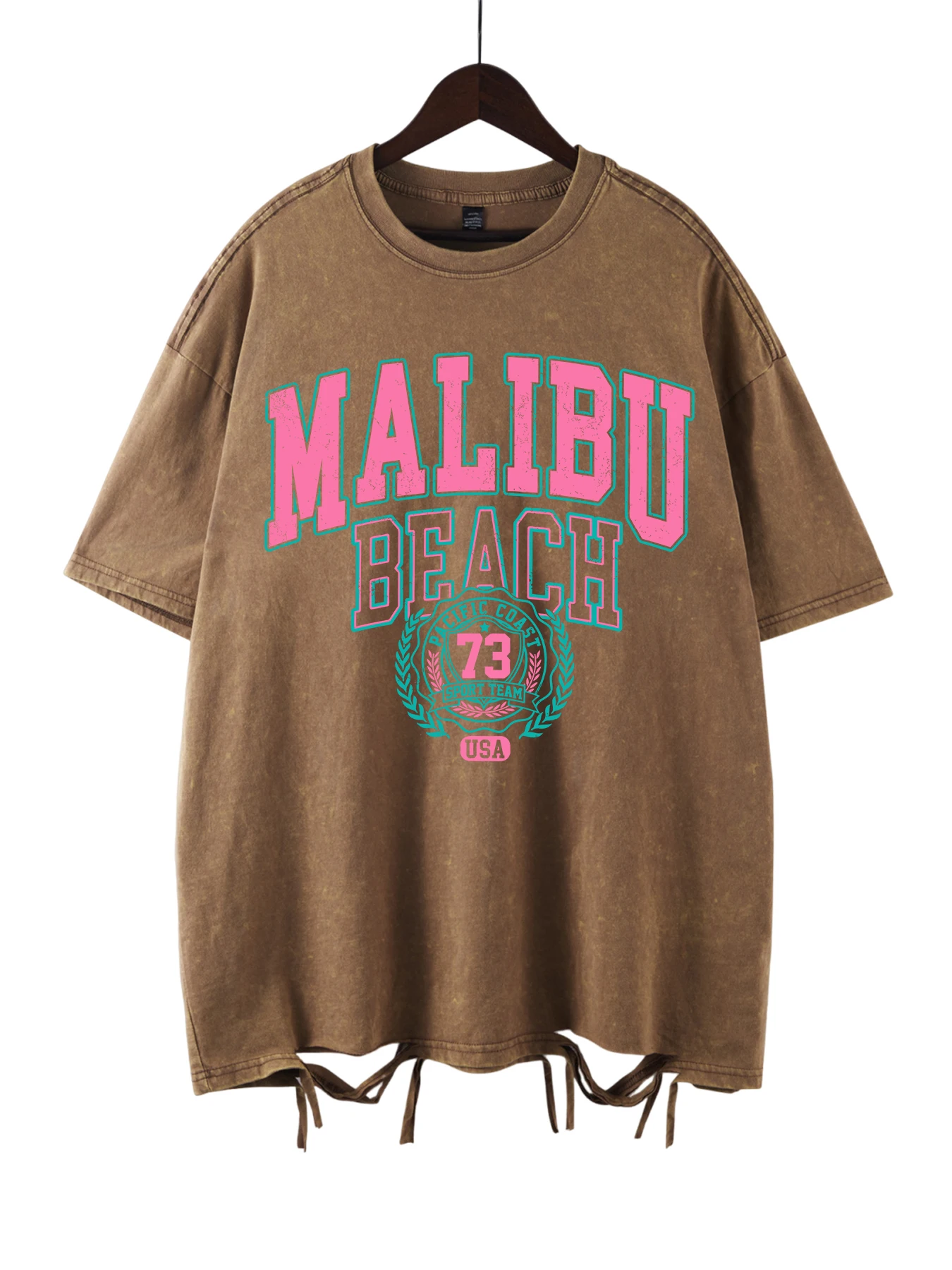 Oversize t-shirt damski z napisem Malibu Beach Szampan