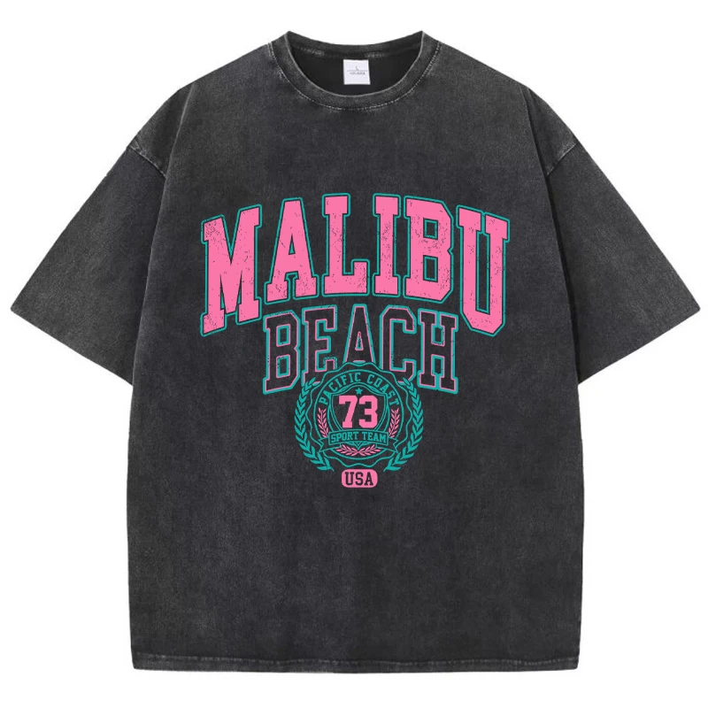 Oversize t-shirt damski z napisem Malibu Beach Szary