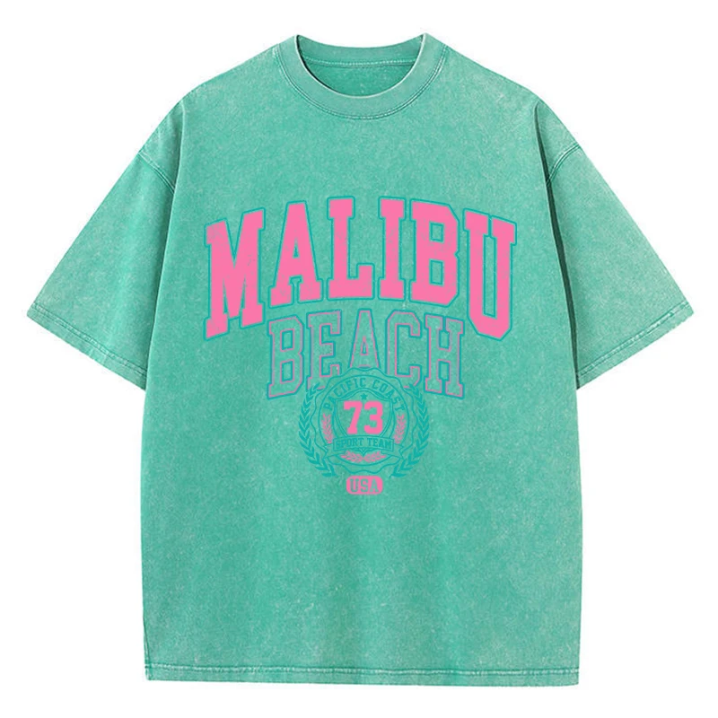 Oversize t-shirt damski z napisem Malibu Beach Zielony