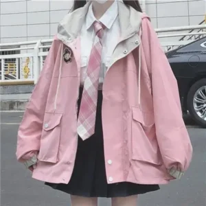 Oversized kurtka damska z kapturem – casualowy styl preppy Y2K Czarny