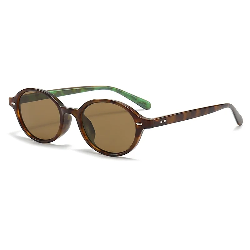 Owalne okulary przeciwsłoneczne retro z nitami UV400 Leopard tea