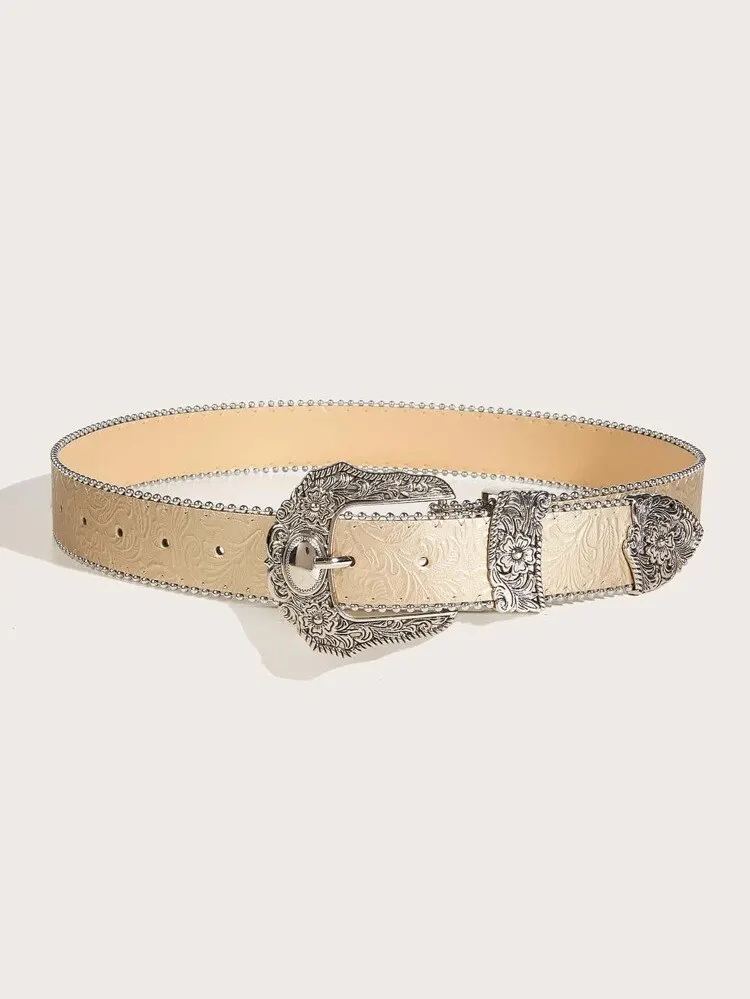 Pasek skórzany western z metalową klamrą cowgirl unisex Khaki