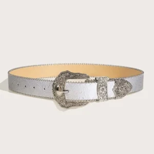 Pasek skórzany western z metalową klamrą cowgirl unisex Srebrny