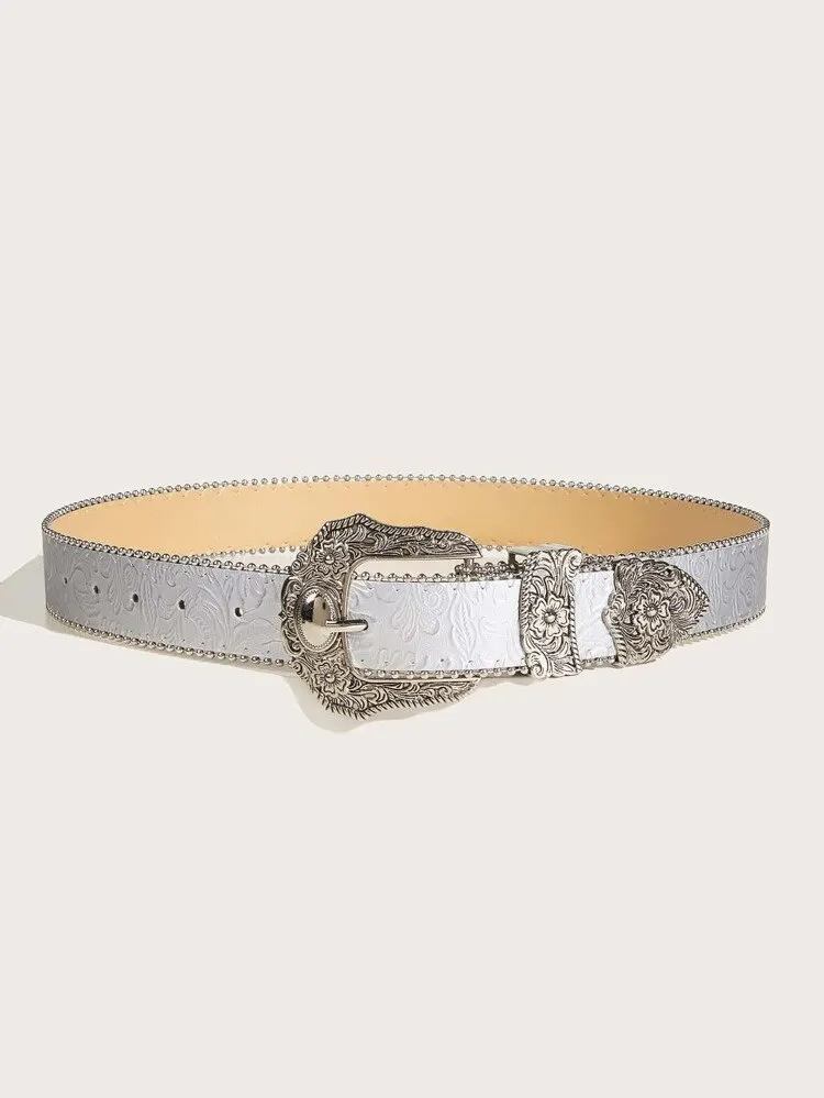 Pasek skórzany western z metalową klamrą cowgirl unisex Srebrny