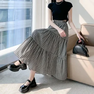 Patchworkowa spódnica midi w kratę z wysokim stanem Mid length skirt82cm