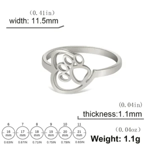 Pierścionek z kocią łapką i sercem ze stali nierdzewnej Paw in heart steel