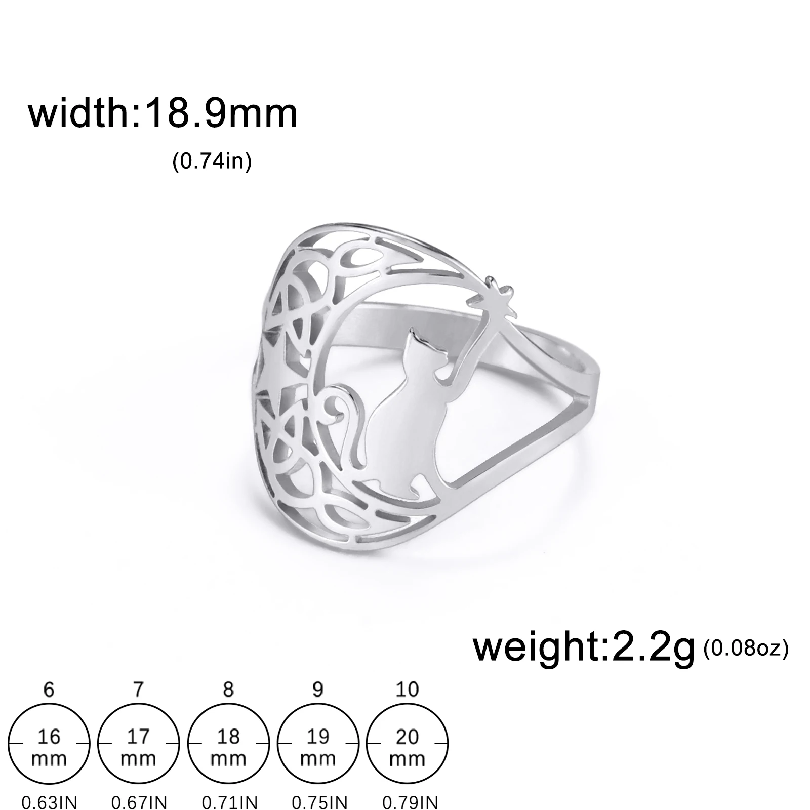 Pierścionek z kotem, księżycem i gwiazdą w stylu celtyckim A steel