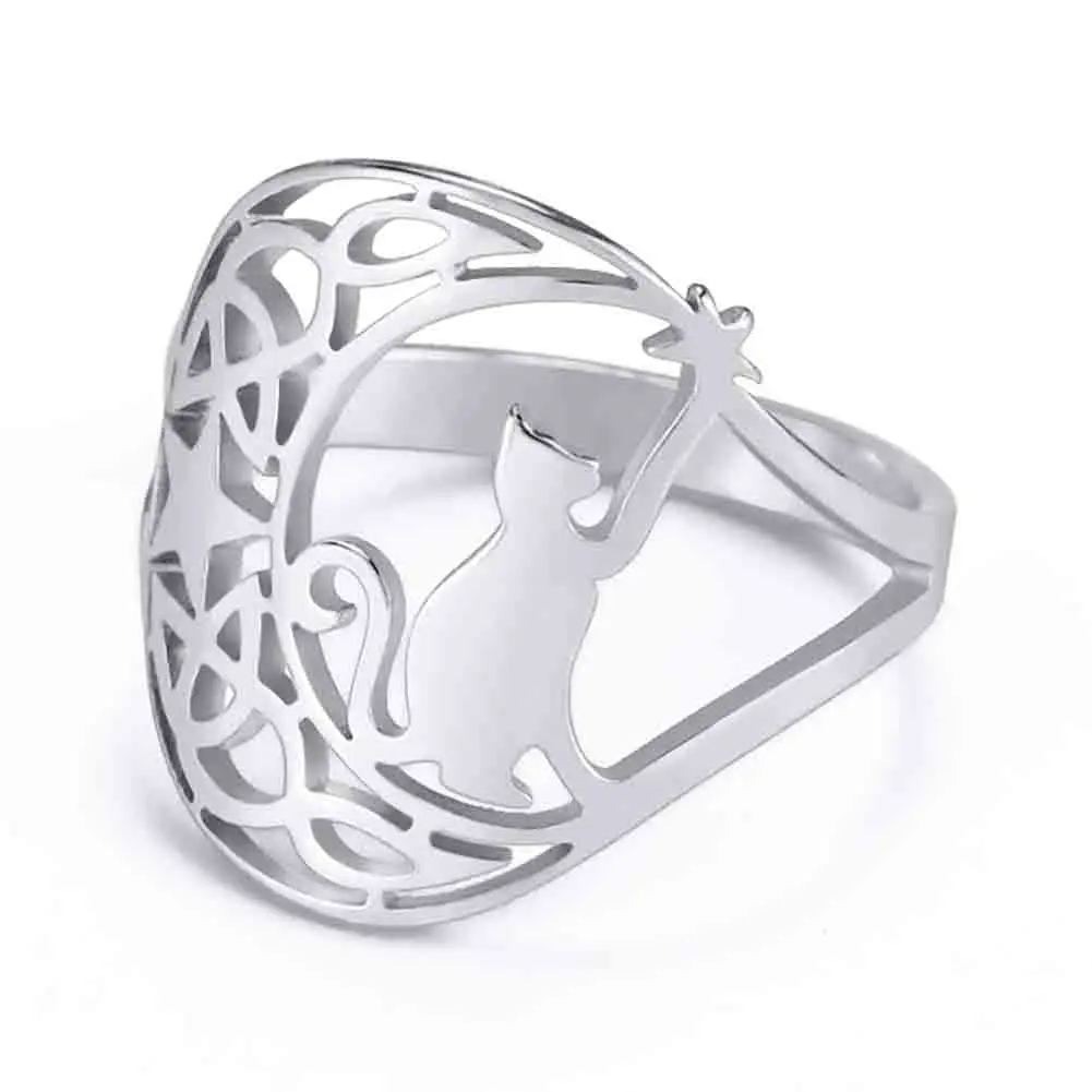 Pierścionek z węzłem celtyckim, księżycem i kotkiem ze stali A steel color