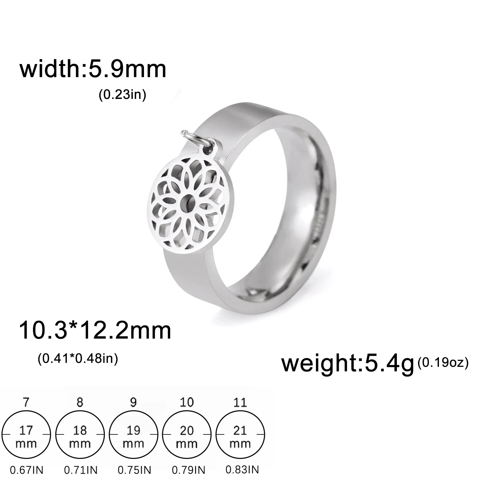 Pierścionek z wisiorkami: kot, łapa, lotos, księżyc i gwiazda Flower steel