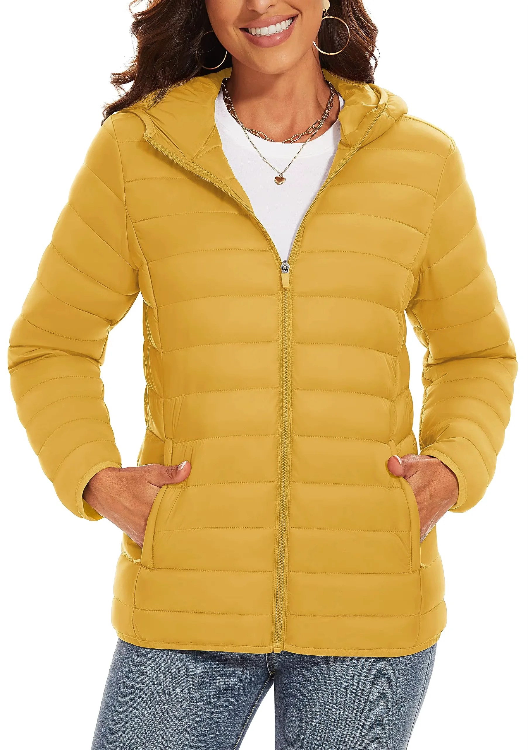 Lekka pikowana kurtka damska TACVASEN z kapturem Żółty