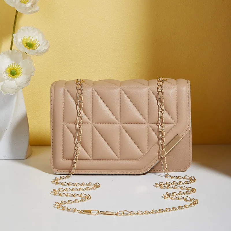 Pikowana torebka w kratę z frędzlami — crossbody ze skóry PU Khaki