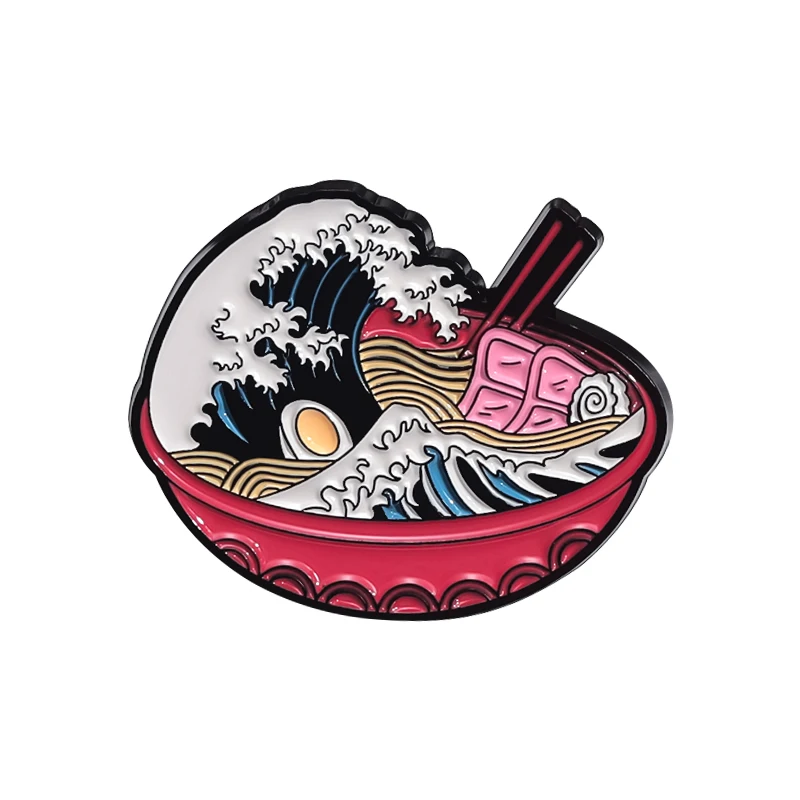 Pinezka emaliowana w stylu Ukiyo-e – kot, rekin, ramen, Fuji Imitacja rodowana