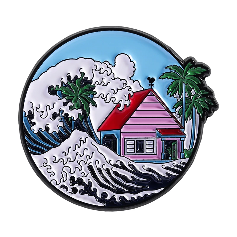 Pinezka emaliowana w stylu Ukiyo-e – kot, rekin, ramen, Fuji Jasnożółty kolor