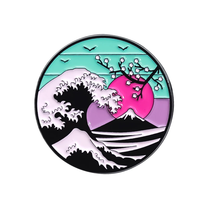 Pinezka emaliowana w stylu Ukiyo-e – kot, rekin, ramen, Fuji Posrebrzane