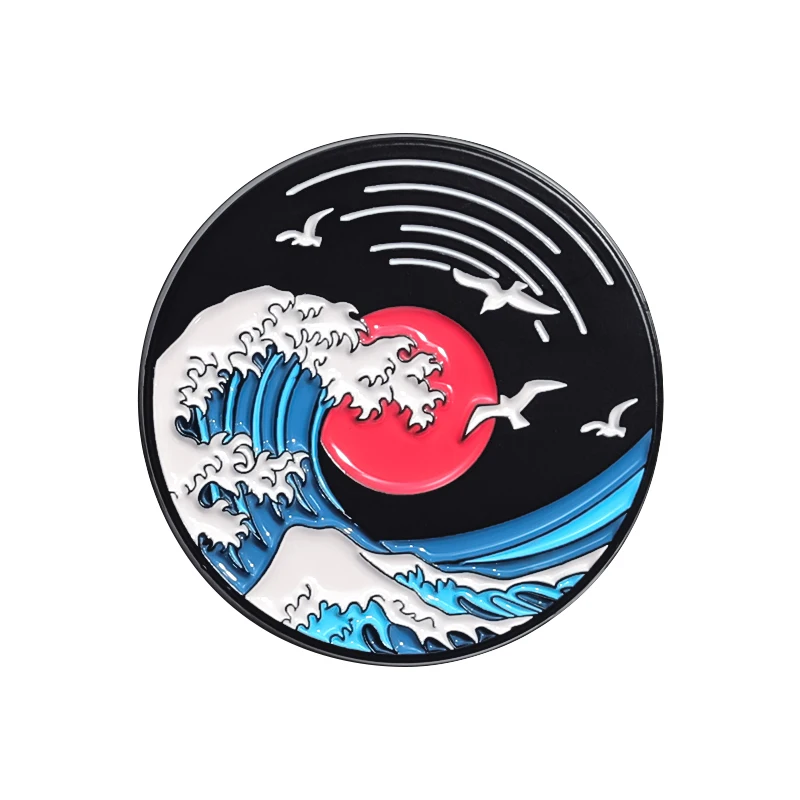 Pinezka emaliowana w stylu Ukiyo-e – kot, rekin, ramen, Fuji Rodowany
