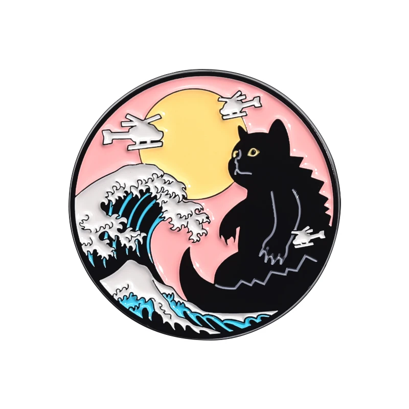 Pinezka emaliowana w stylu Ukiyo-e – kot, rekin, ramen, Fuji Złoty kolor