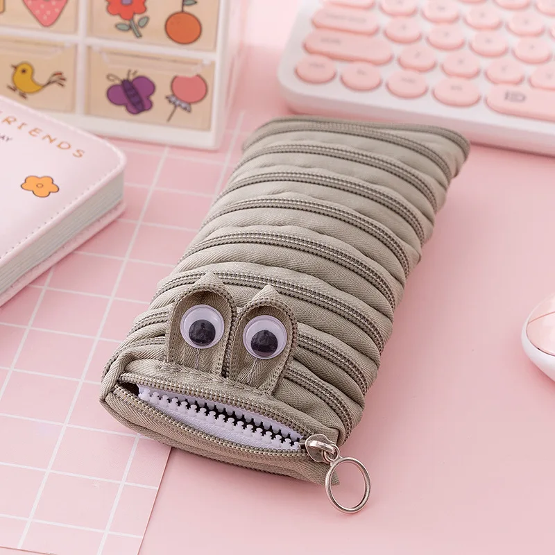 Piórnik gąsienica na zamek - saszetka Kawaii dla dzieci Jasnoszary