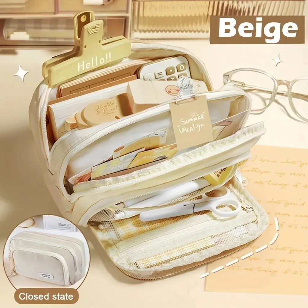 Piórnik kawaii trójkomorowy pastelowy organizer na długopisy szkoła Beżowy