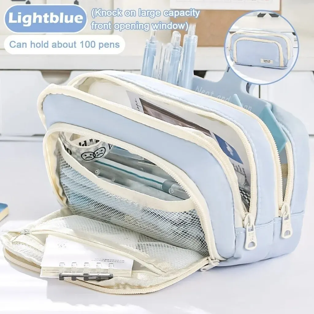 Piórnik kawaii trójkomorowy pastelowy organizer na długopisy szkoła Błękitny