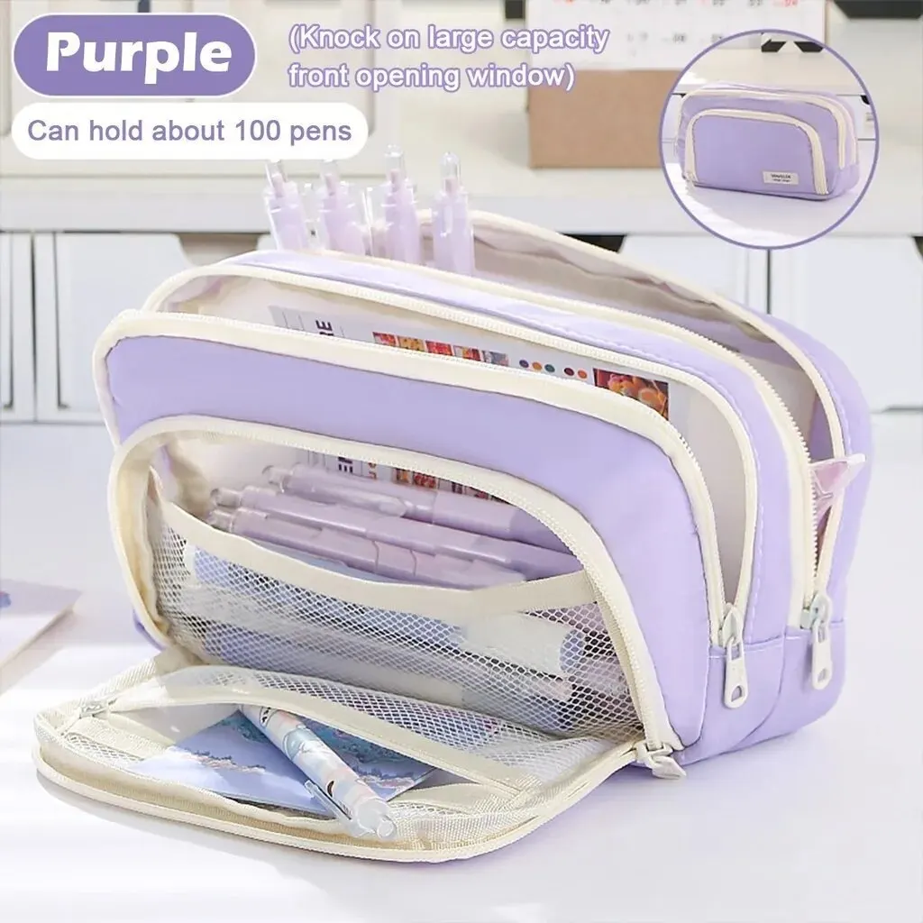 Piórnik kawaii trójkomorowy pastelowy organizer na długopisy szkoła Fioletowy