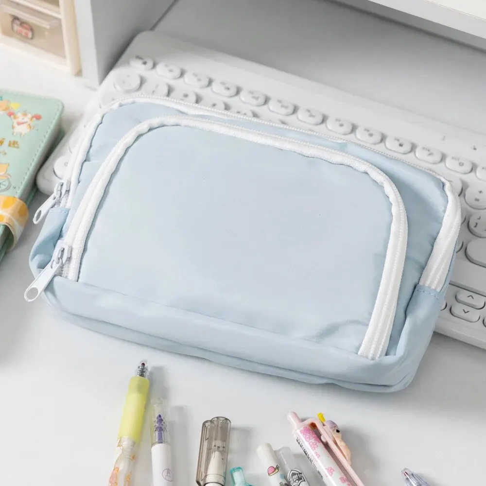 Piórnik kawaii trójkomorowy pastelowy organizer na długopisy szkoła Niebieski