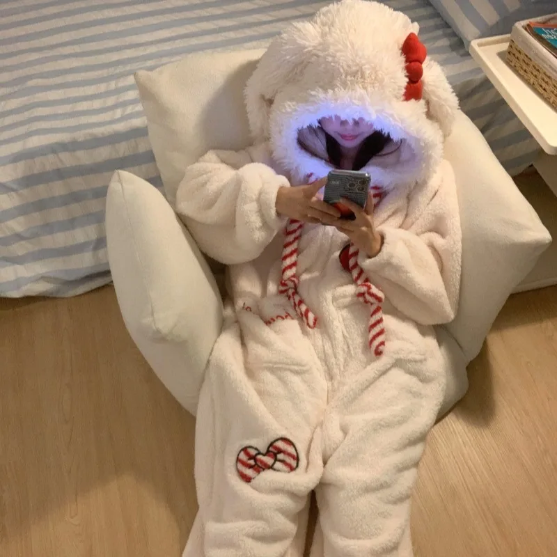 Piżama jednoczęściowa kigurumi z uszkami królika – damska zimowa Biały