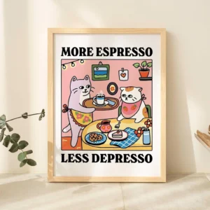 Plakat z czarnym kotem i kawa More Espresso Less Depresso Biały