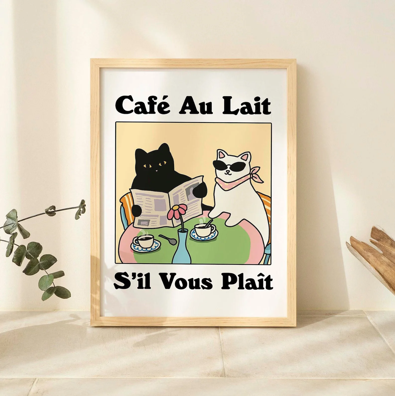 Plakat z czarnym kotem i kawa More Espresso Less Depresso Czarny