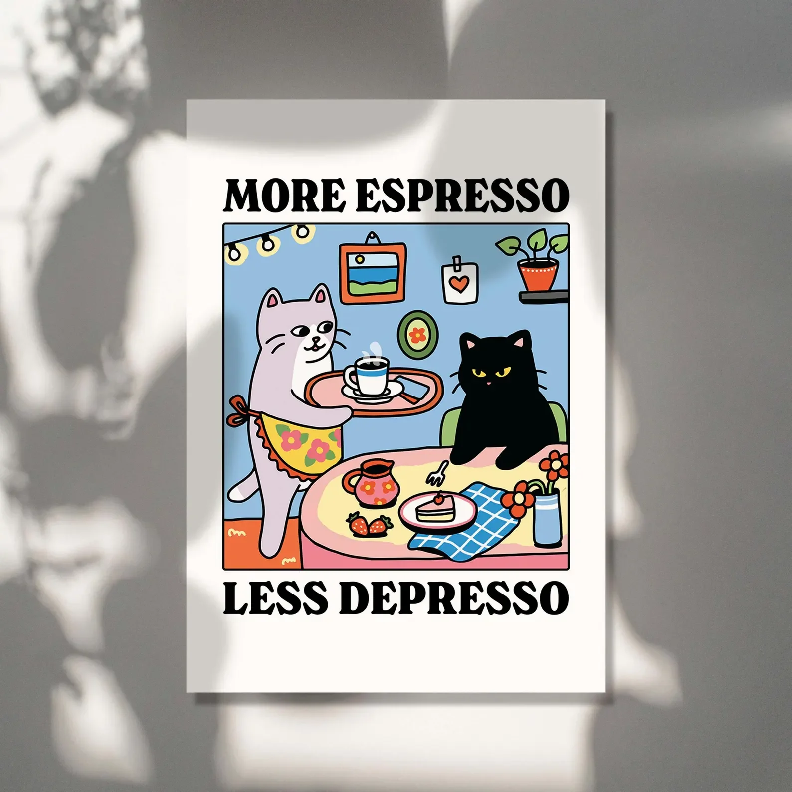 Plakat z czarnym kotem i kawa More Espresso Less Depresso Czerwony