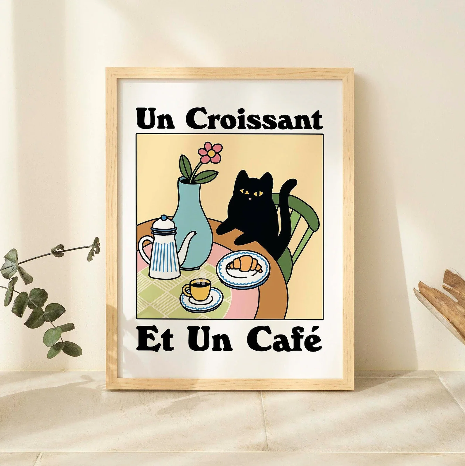 Plakat z czarnym kotem i kawa More Espresso Less Depresso Niebieski