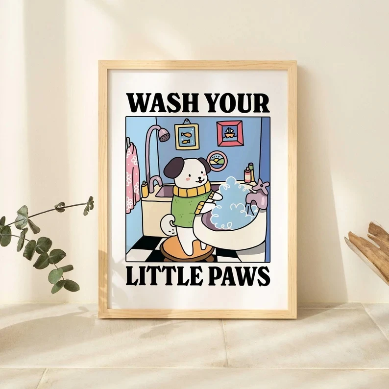 Plakat czarny kot do łazienki - obraz Wash Your Paws Fioletowy/фиолетовый