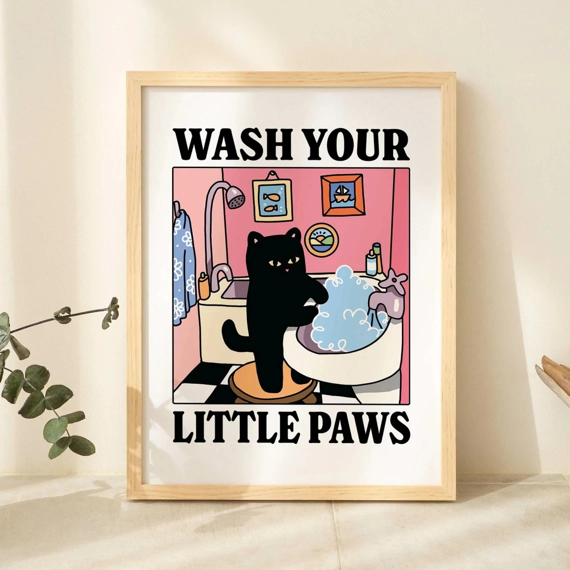 Plakat czarny kot do łazienki - obraz Wash Your Paws Fioletowy