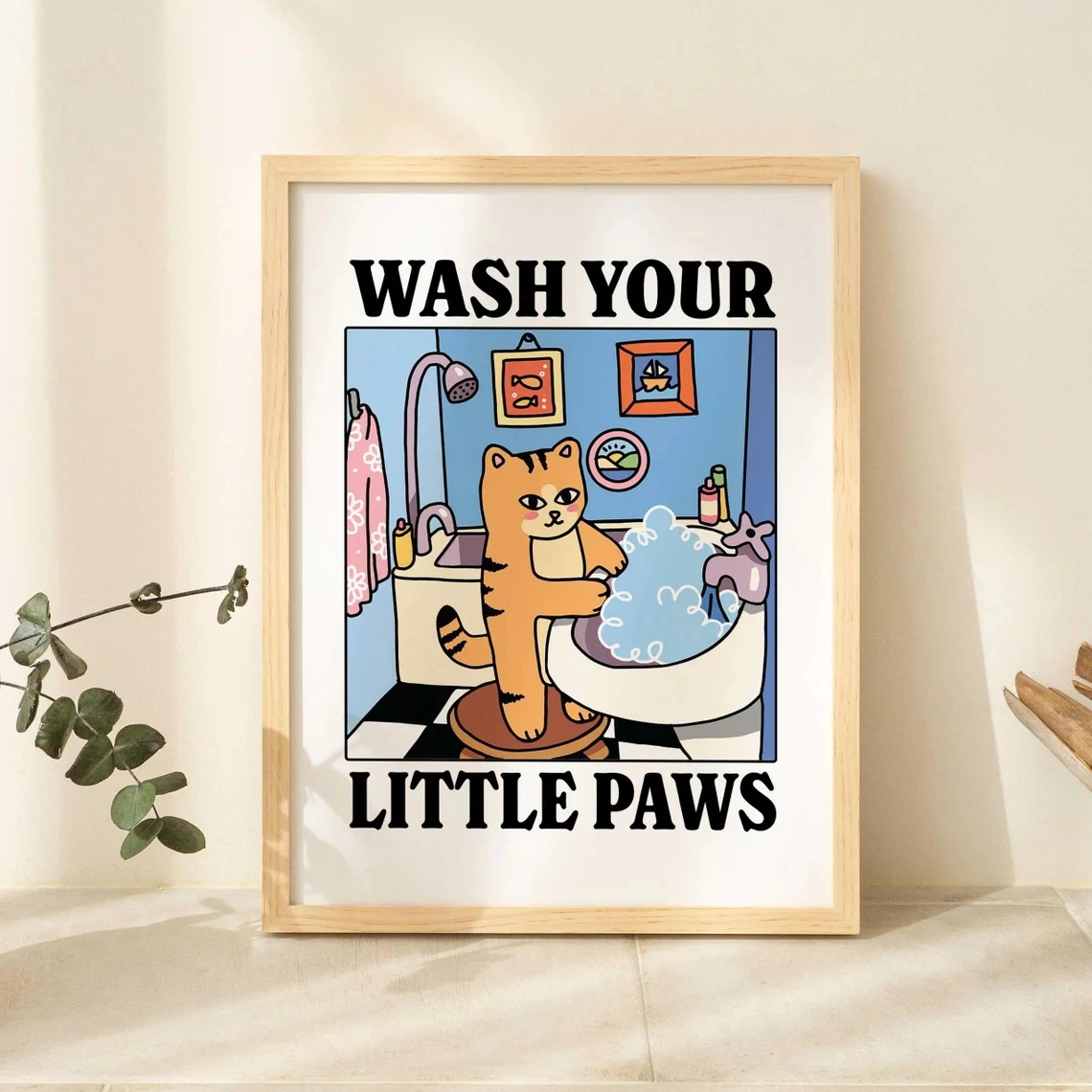 Plakat czarny kot do łazienki - obraz Wash Your Paws Srebrny