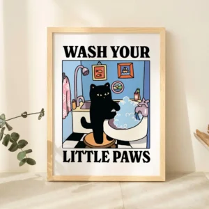 Plakat czarny kot do łazienki - obraz Wash Your Paws żółty