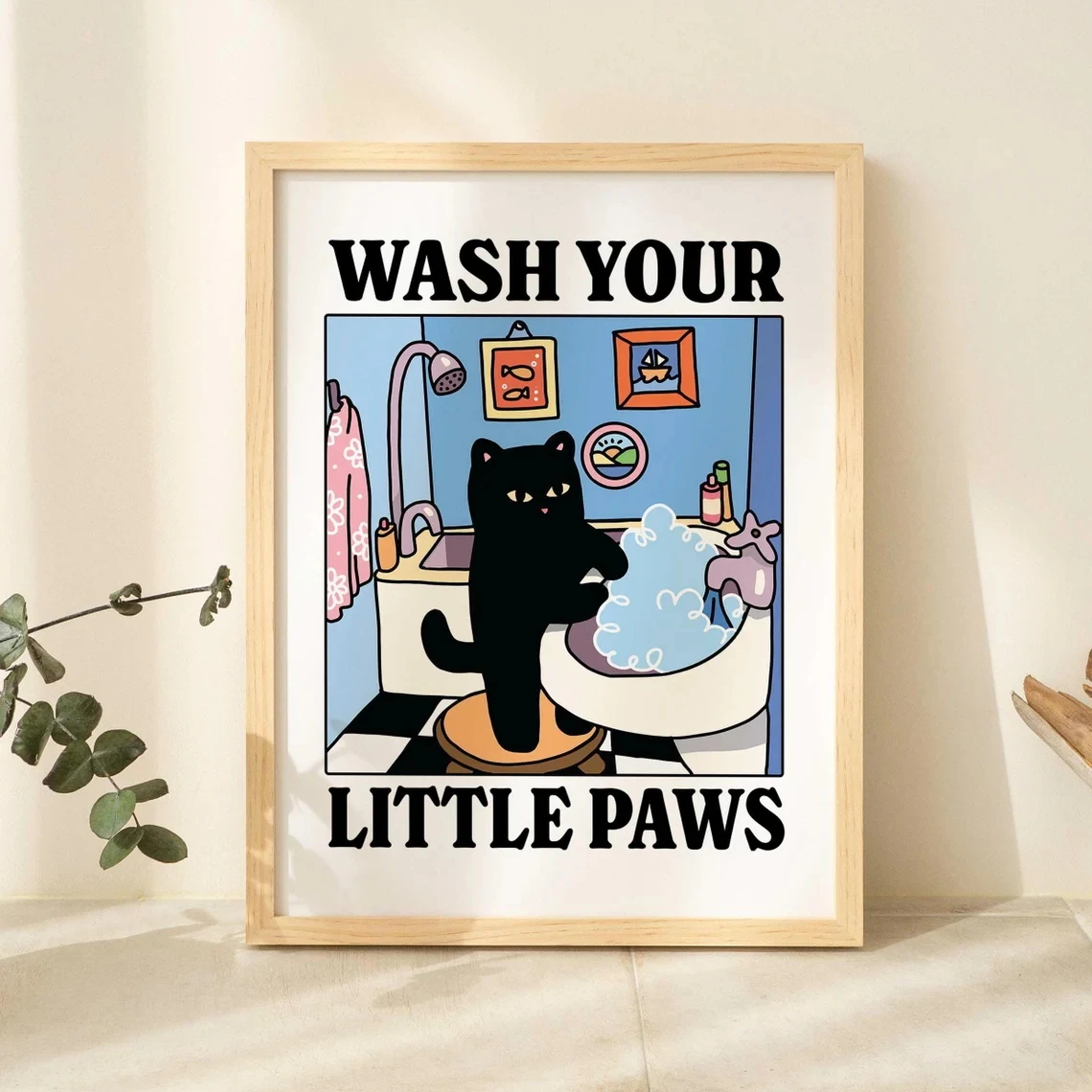 Plakat czarny kot do łazienki - obraz Wash Your Paws żółty
