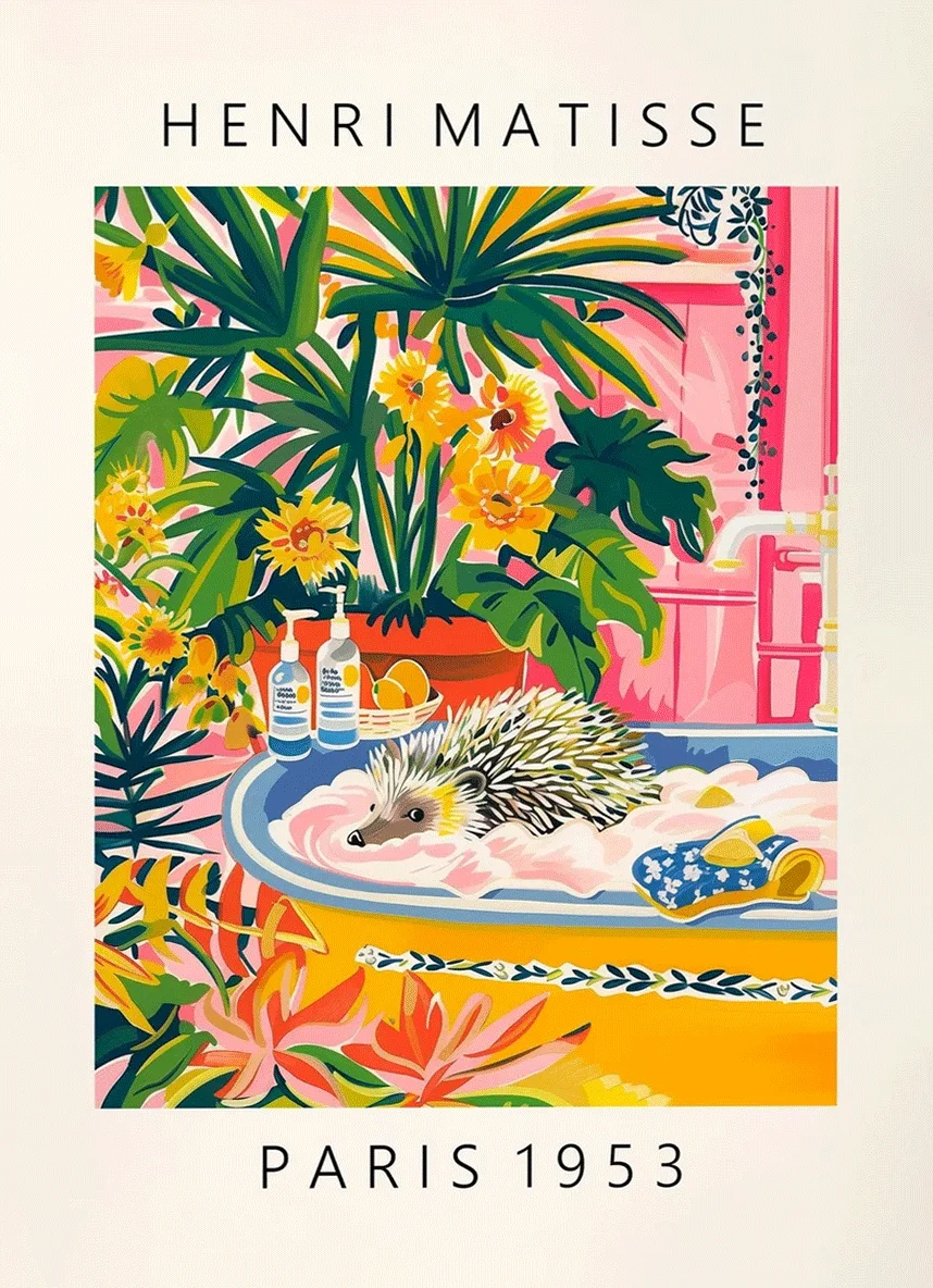 Plakat czarny kot Matisse - zabawna dekoracja do łazienki Beżowy
